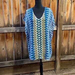 O’Neill top kimono batwing sheer blue yellow white geometric Sz small